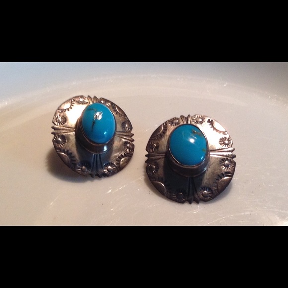 Navajo Lrg Signed Turquoise 925 Sterling Earrings - Picture 2 of 4